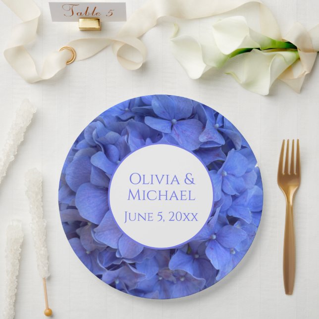 Blaue Perwinkle, elegante Blumenhydrangeas Pappteller (Hochzeit)