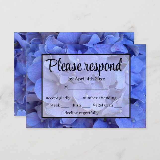 Blaue Perwinkle, elegante Blumenhydrangeas RSVP Karte (Vorne/Hinten)