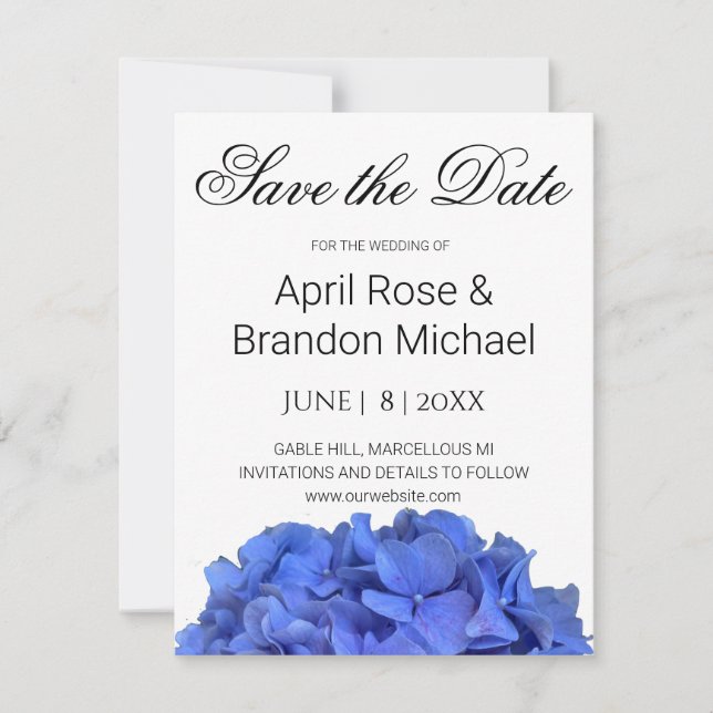 Blaue Perwinkle, elegante Blumenhydrangeas Save The Date (Vorderseite)