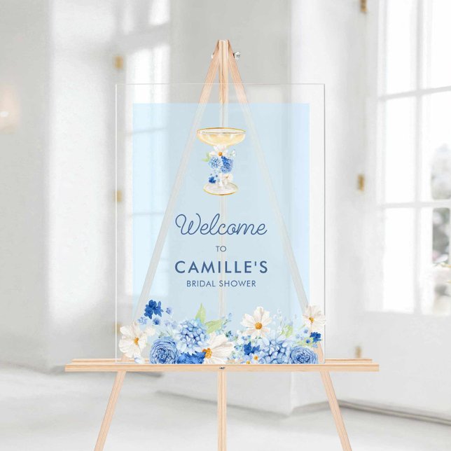 Blaue Petalen und Prosecco Begrüßung Akryllische Z Acrylschild (Something Blue Floral Bridal Shower Acrylic Welcome Sign)
