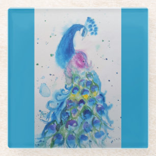 Blaue Pfau Aquarell Blaugrüne Blaue Vögel Glasuntersetzer