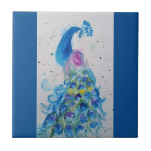 Blaue Pfau Aquarell Marineblauer Vogel Vögel Fliese
