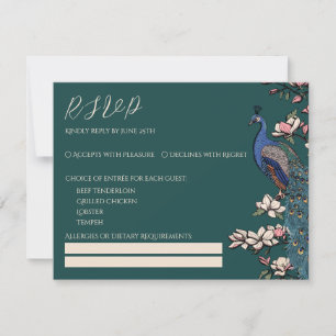 Blaue Pfau- und Magnolien-Hochzeits-RSVP-Karte RSVP Karte