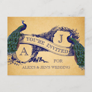 Blaue Pfau Vintage Hochzeitseinladung Postkarte