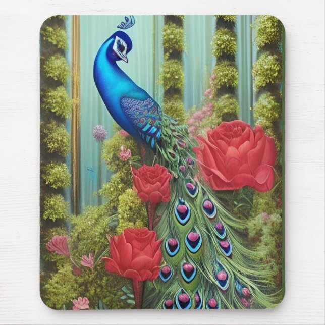 Blaue Pfaue in Rose und Garten des Himmlischen Fri Mousepad (Vorne)