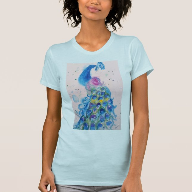 Blaue Pfaue Wasserfarbenmalerei Kunst T-Shirt (Vorderseite)