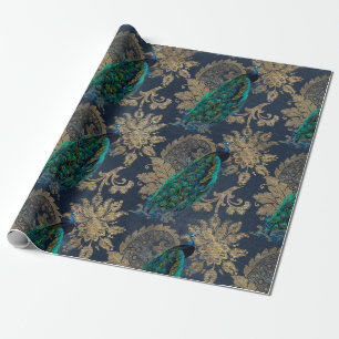 Blaue Pfauen auf Blau und Gold Geschenkpapier