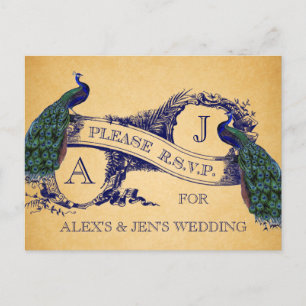 Blaue Pfauen Hochzeit RSVP Postkarte im Vintage-St
