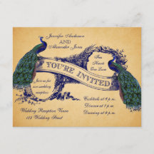 Blaue Pfauen Hochzeitsempfang Einladung im Vintage
