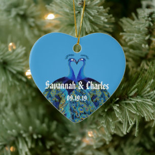 Blaue Pfauen küssen sich zum 1. Weihnachten Keramikornament
