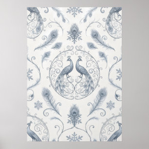 Blaue Pfauen-Schneeflocken-Wintermuster-Plakat Poster