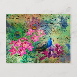 Blaue Pfauen-Vintage-Teal-Musik-Rosa-Blumen Postkarte