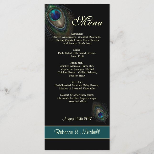 Blaue Pfauenfedern auf schwarzem Menü Menükarte (Vorderseite)
