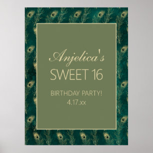 Blaue Pfauenfedern-Gold Mädchen Sweet 16 Poster