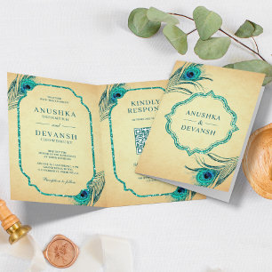 Blaue Pfauenfedern QR Code Indische Hochzeit Einladung