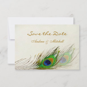 Blaue Pfauenfedern Save the Date einladen