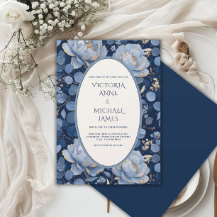 Blaue Pfingstrose Florale Vintage Gold Hochzeit Einladung