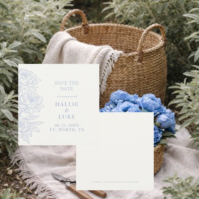 Blaue Pfingstrose Hochzeit Quadrat Save Datum Einladung (Von Creator hochgeladen)
