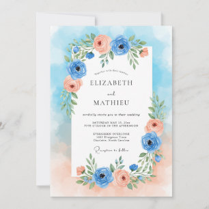 Blaue Pfingstrosen-Blütenromanze-Hochzeit Einladung