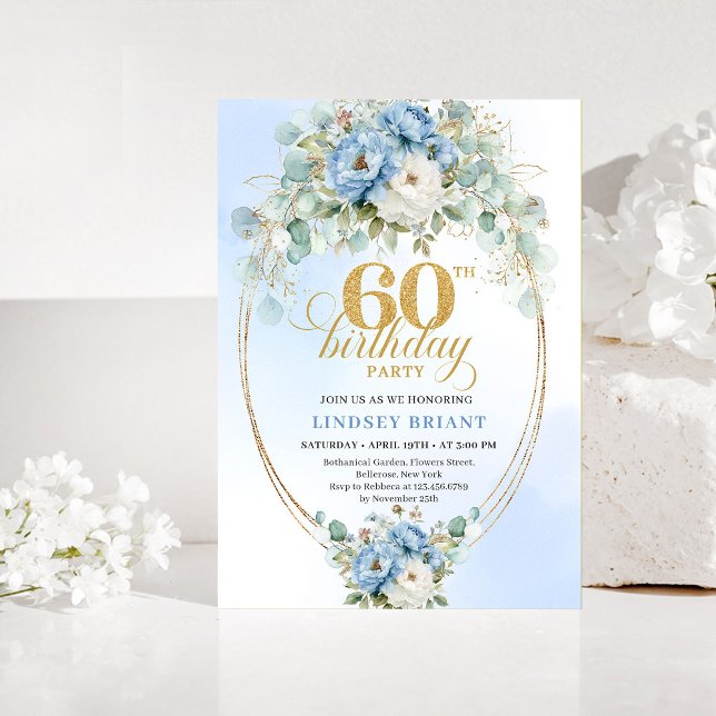 Blaue Pfingstrosen Eukalyptus 60. Geburtstag Einla Einladung (Blue Peonies Eucalyptus 60th Birthday Invitation)