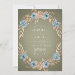 Blaue Pfingstrosen-Kranz-Romanze-Hochzeit Einladung