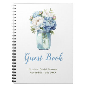 Blaue Pfingstrosen-Mason-Glas-Brautparty-Gästebuch Notizblock