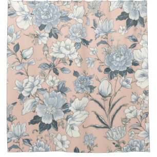Blaue Pfingstrosen Pfirsich Botanisch Vintage Flor Duschvorhang