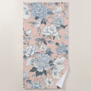 Blaue Pfingstrosen Pfirsich Botanisch Vintage Flor Strandtuch
