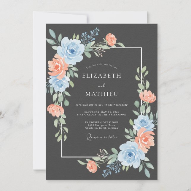 Blaue Pfirsich-Blüten-Hochzeit Einladung (Vorderseite)