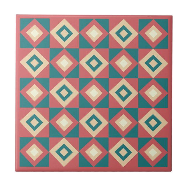 Blaue Pfirsich-Diamant-Geometrie Fliese (Vorderseite)
