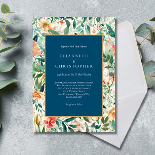 Blaue Pfirsich-Grüne Florale Wasserfarbe Elegante Einladung