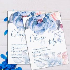 Blaue Pfirsichblume Niedliche Script Hochzeit Einladung