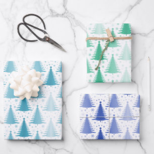 Blaue Pinienbäume Geschenkpapier Set