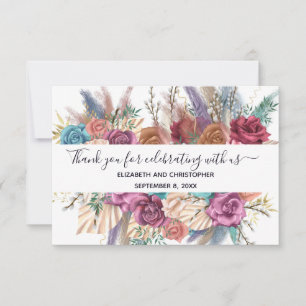 Blaue Pink Pfirsich Blumen Kalligrafie Hochzeit  Dankeskarte