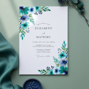 Blaue Pinselstrich-Blumenromanze-Hochzeit Einladung