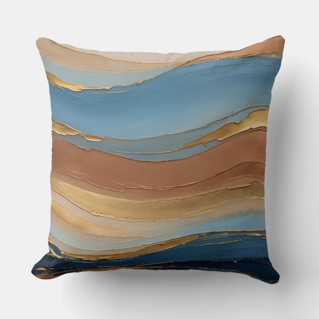 Blaue Pinselstriche aus Gold und Bronze Kissen (Vorderseite)