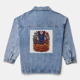 Blaue Pitbull Halloween Kürbisse Herbstlaub Fleder Jeansjacke