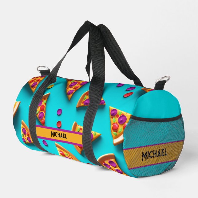 Blaue Pizza-Muster lustiger Name oder eigener Text Duffle Bag (Rechte Ecke)
