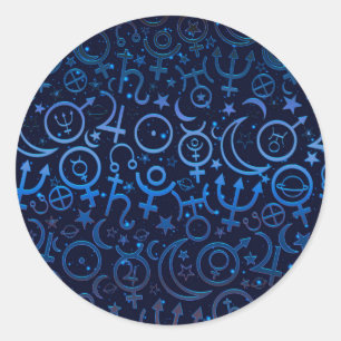 Blaue planetarische Symbole Mystisches Universum P Runder Aufkleber