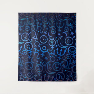 Blaue planetarische Symbole mystisches Universum P Wandteppich