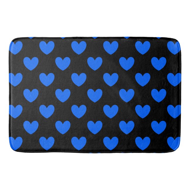 Blaue Polka-Herzen auf schwarz Badematte (Vorderseite)
