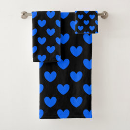 Blaue Polka-Herzen auf schwarz Badhandtuch Set