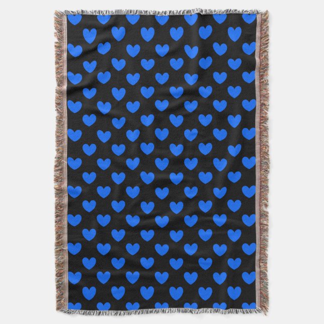 Blaue Polka-Herzen auf schwarz Decke (Vorderseite Vertikal)