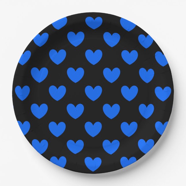 Blaue Polka-Herzen auf schwarz Pappteller (Vorderseite)
