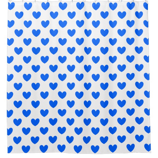 Blaue Polka-Herzen auf weiß Duschvorhang (Vorderseite)