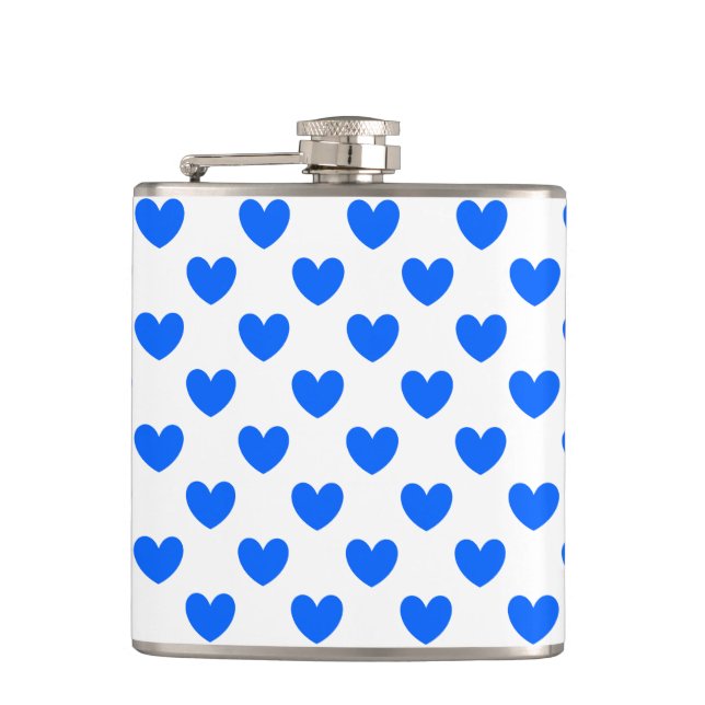 Blaue Polka-Herzen auf weiß Flachmann (Vorderseite)