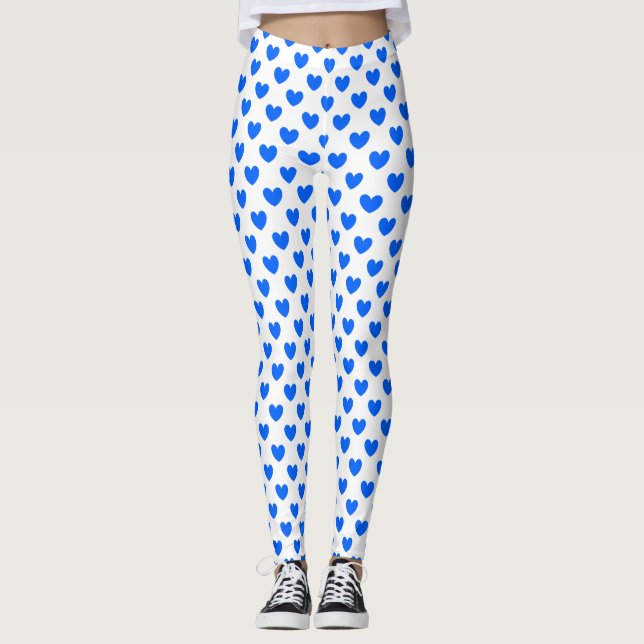 Blaue Polka-Herzen auf weiß Leggings (Vorderseite)