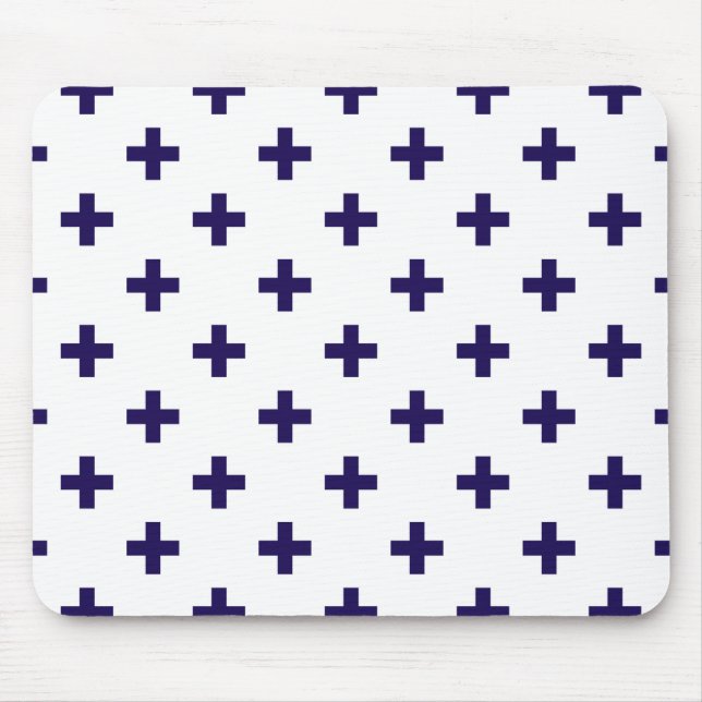 Blaue Polka-Kreuze in Weiß Mousepad (Vorne)