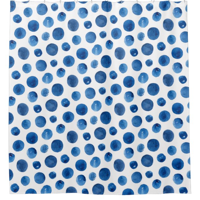 Blaue Polka-Punkte. Aquarellmarinerie Duschvorhang (Vorderseite)