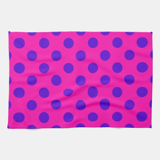 Blaue Polka-Punkte auf Fuchsia Geschirrtuch (Horizontal)